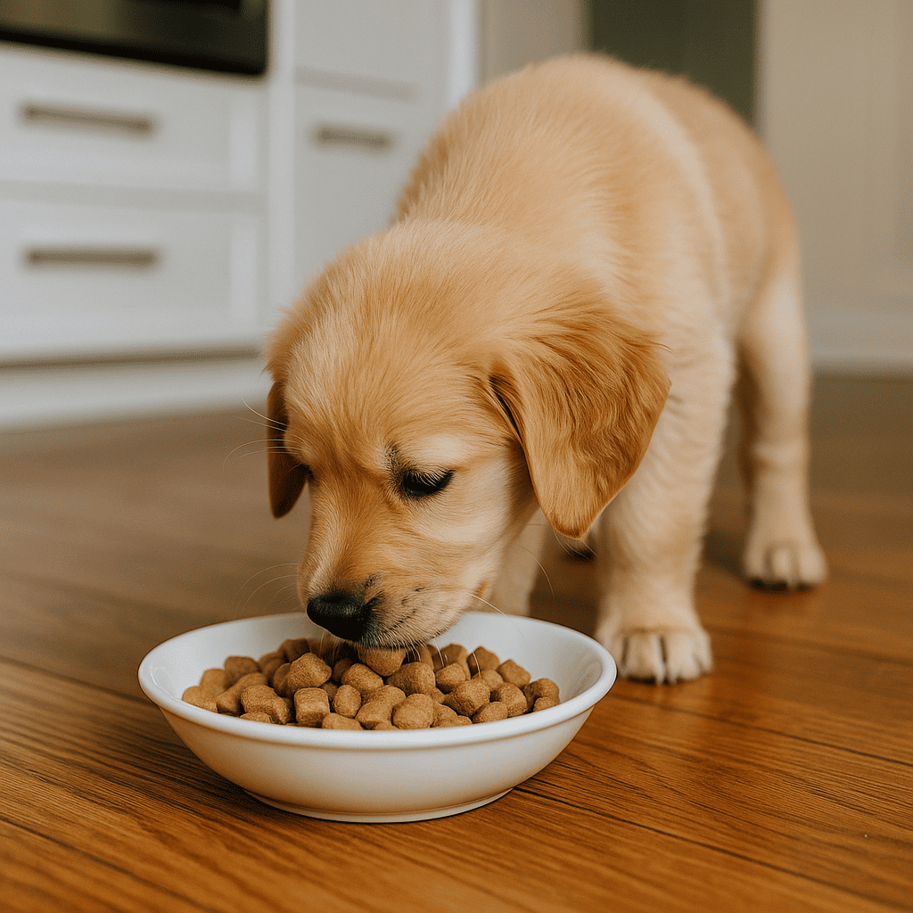 Cachorro de Golden Retriever comiendo croquetas de un plato blanco en una cocina moderna con suelo de madera.